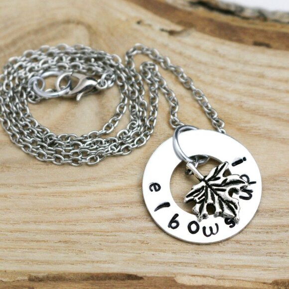 Elbows Up! Maple Leaf Hand Stamped Pendant Necklace - Handmade & Hypoallergenic - Picture 1 of 13